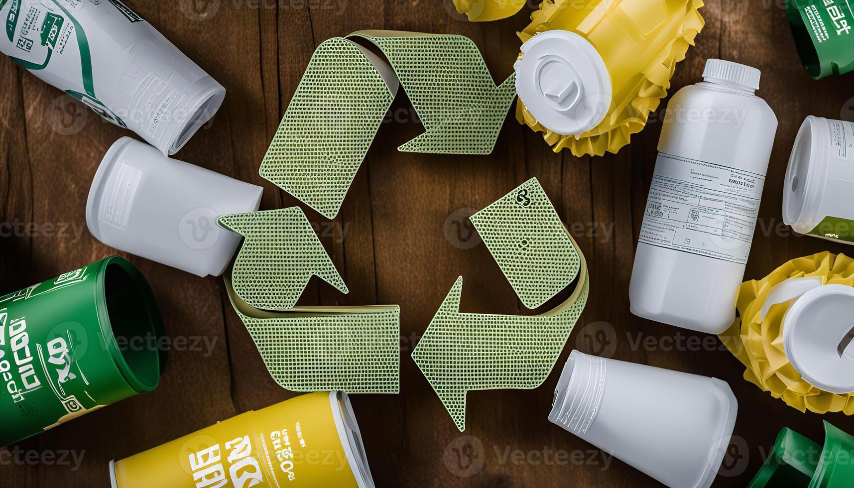 Recycle Symbol with Green and White Containers on Wooden Surface photo