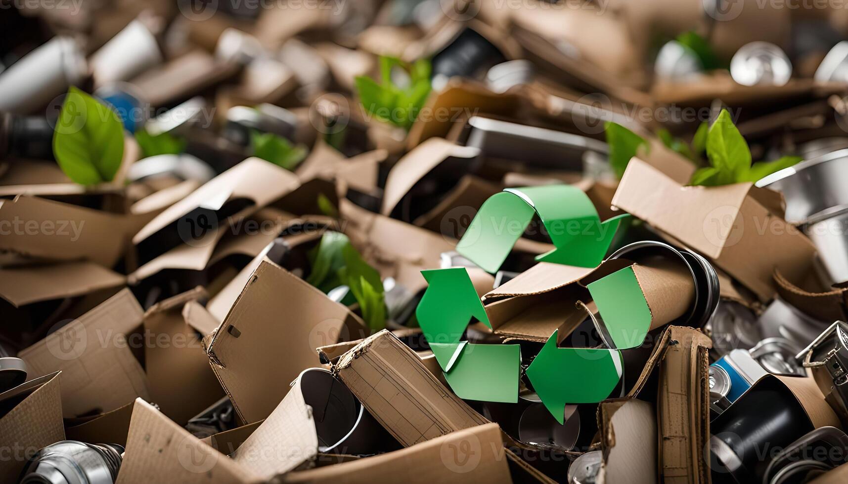 Recycling Symbol on a Pile of Cardboard and Metal photo