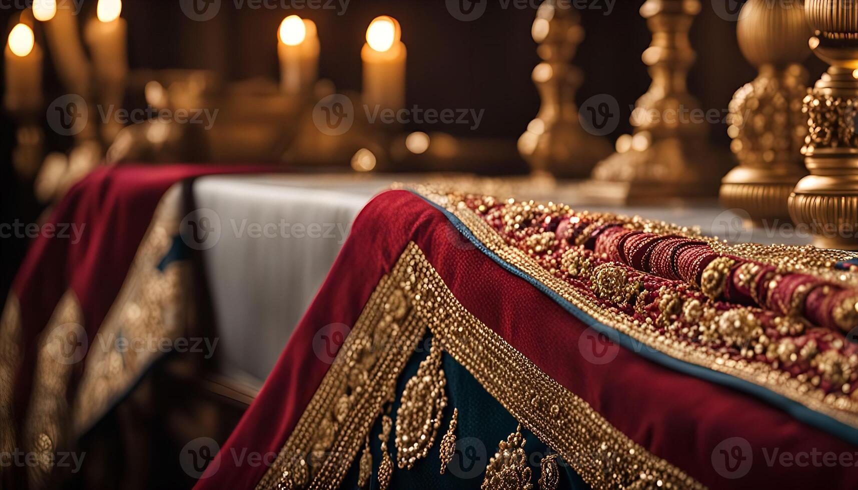 Close-up of a Red and Gold Tablecloth with intricate details photo