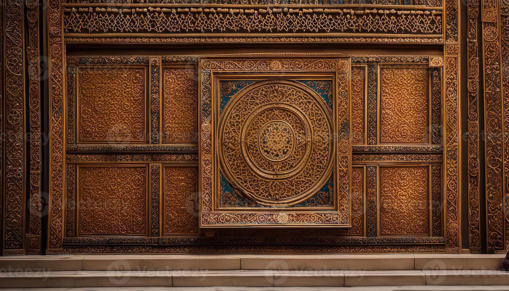 Intricate Carved Wooden Doorway with Islamic Geometric Patterns photo