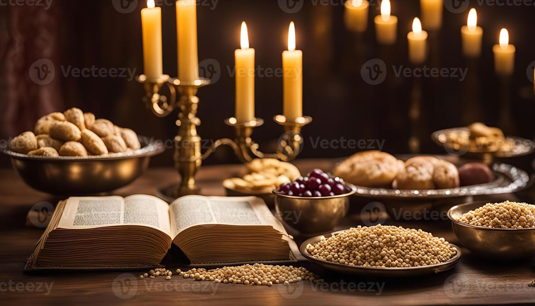 Religious Feast Table with Candles and Food photo