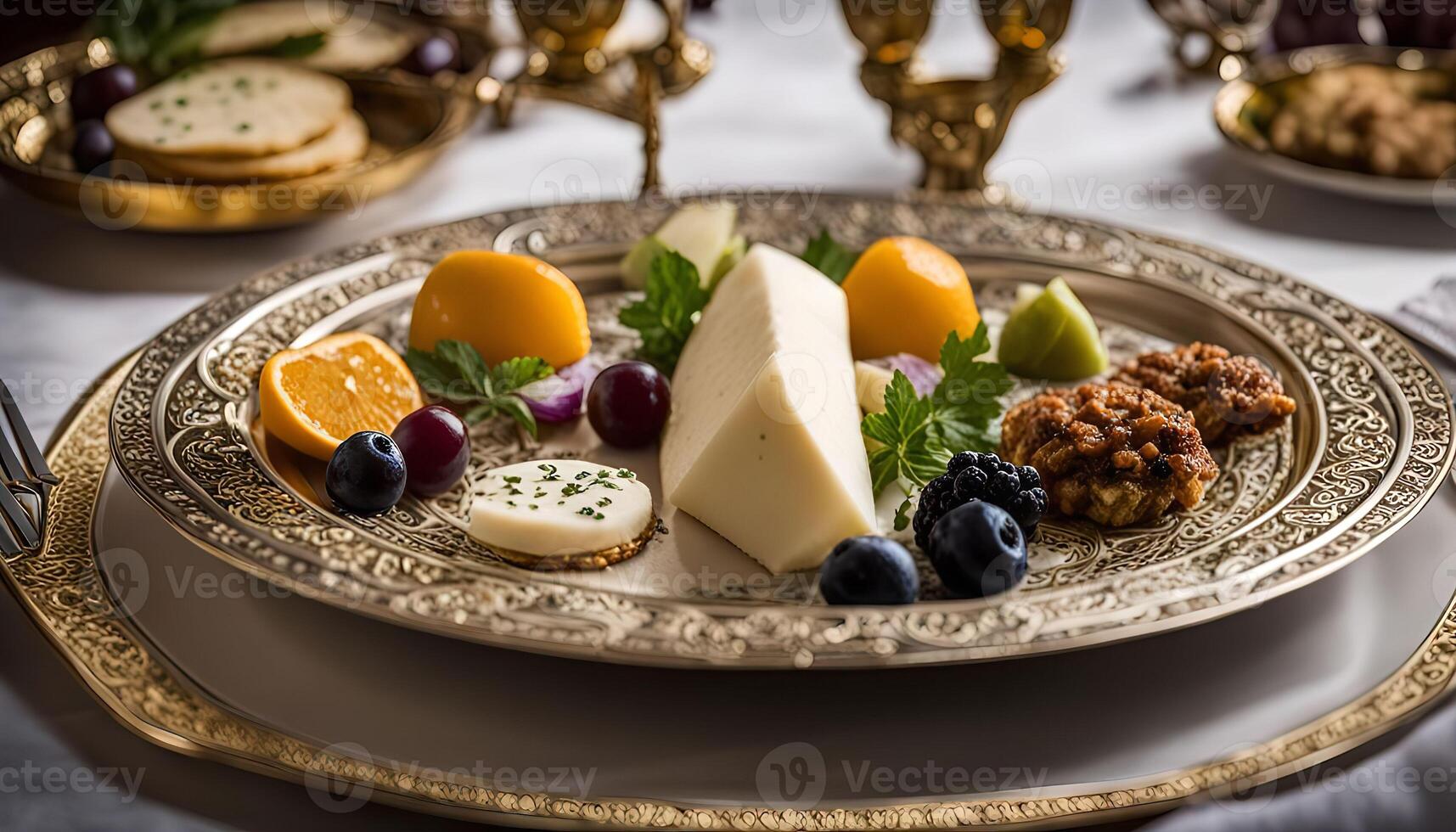 Ornate Plate with Delicious Cheese and Fruit photo