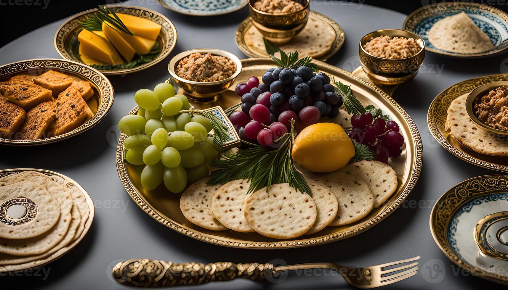 Golden Table Setting with Snacks and Fruit photo