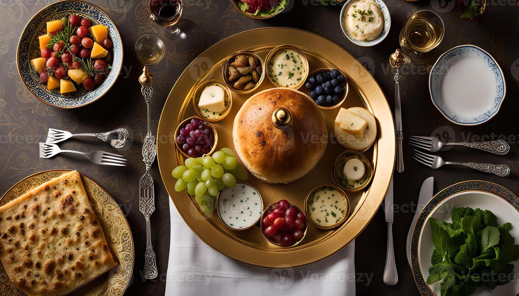 A Festive Table Setting with a Traditional Bread and a Variety of Delights photo