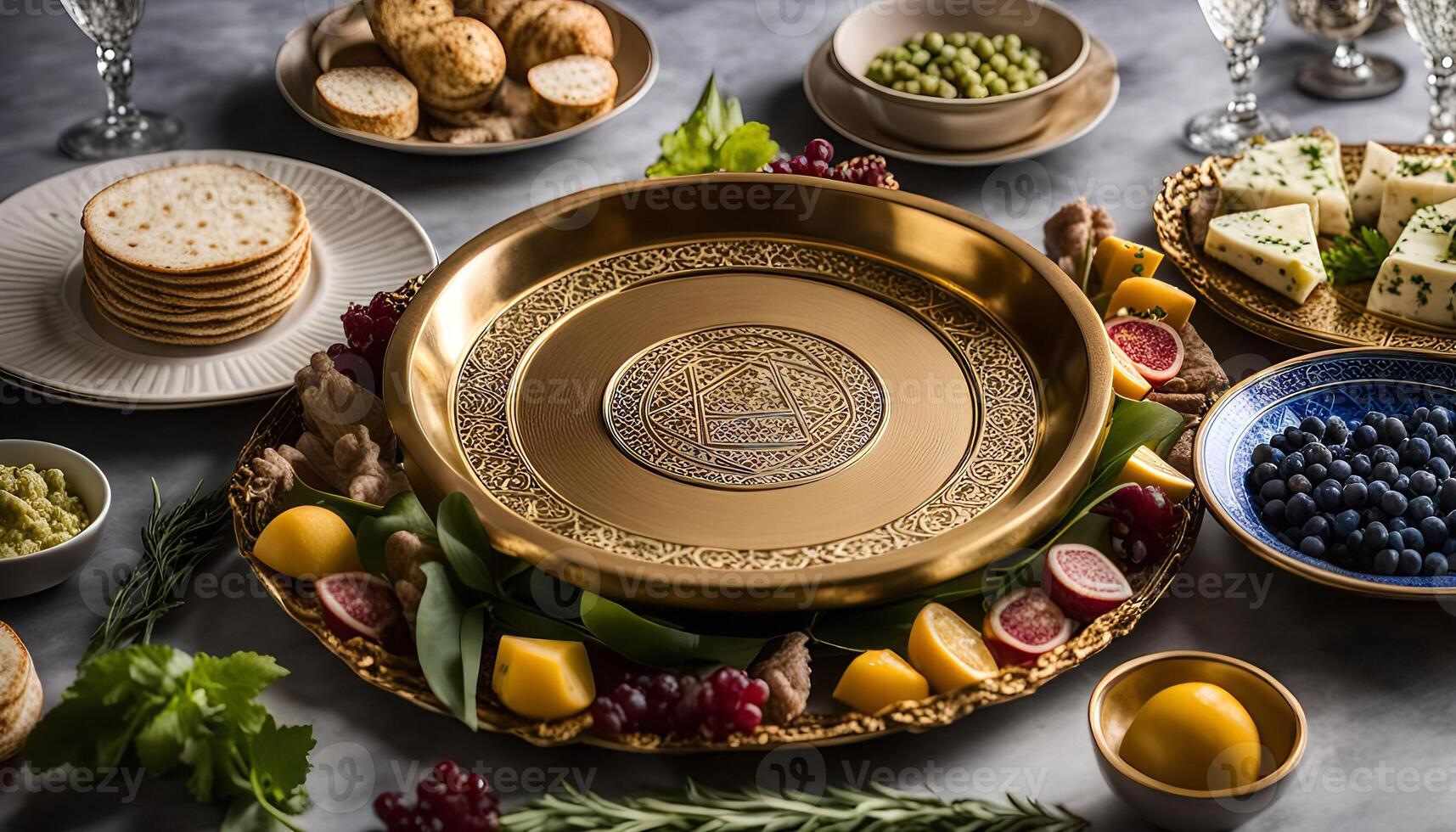 A Golden Serving Tray with Ornate Design Filled with Fresh Fruits and Snacks photo