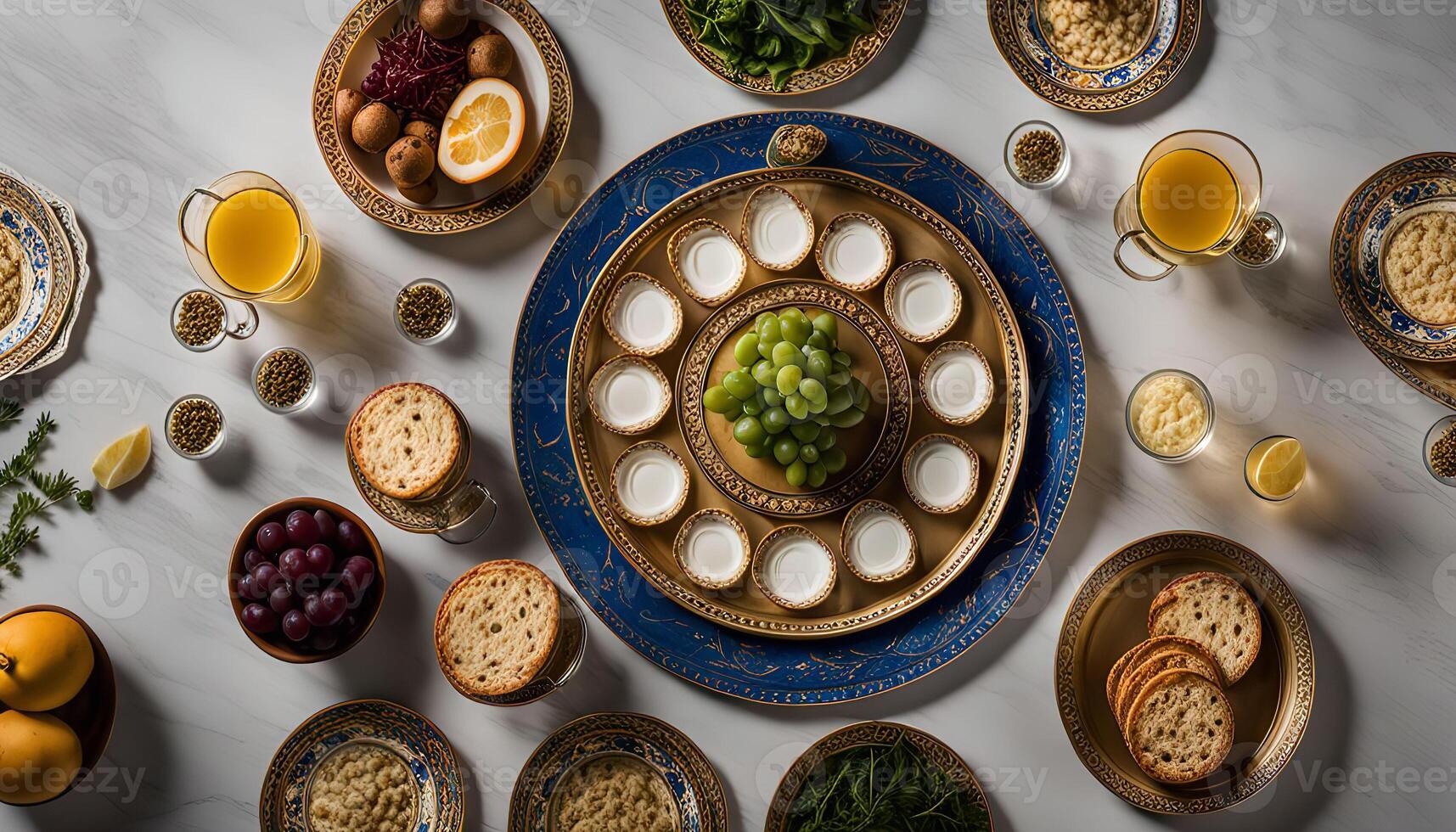 Elegant Table Setting with Grapes and Golden Plates photo