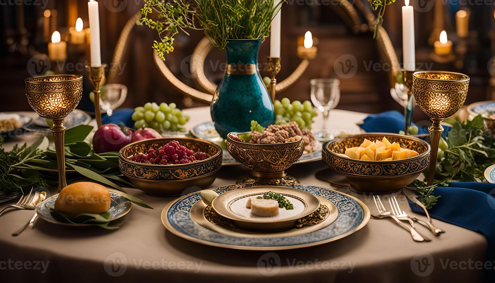 Elegant Table Setting with Golden Plates and Blue and Gold Accents photo