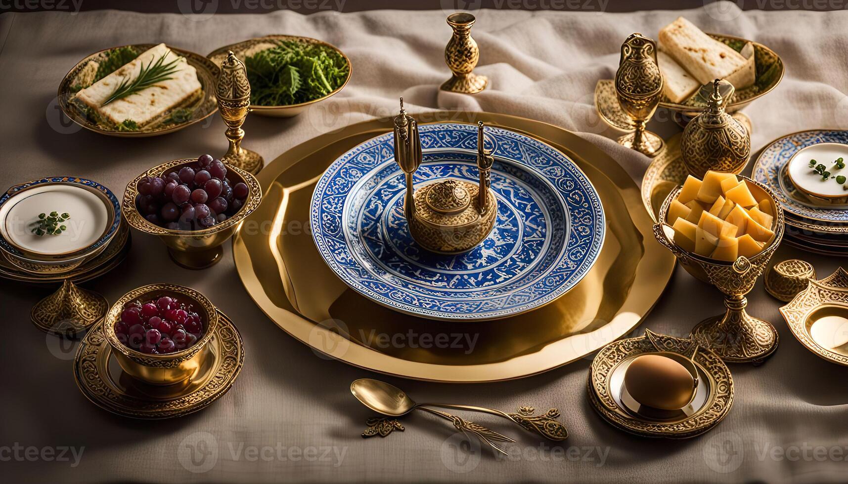 A Table Setting with Blue and Gold Plates and Bowls photo