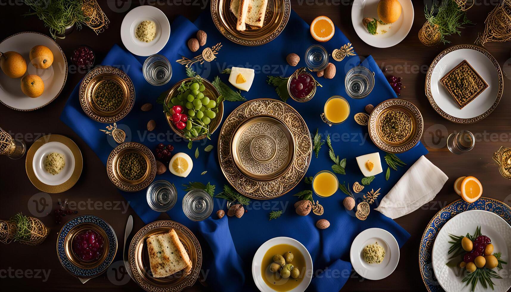 Elegant Table Setting with Golden Plates and Blue Tablecloth photo