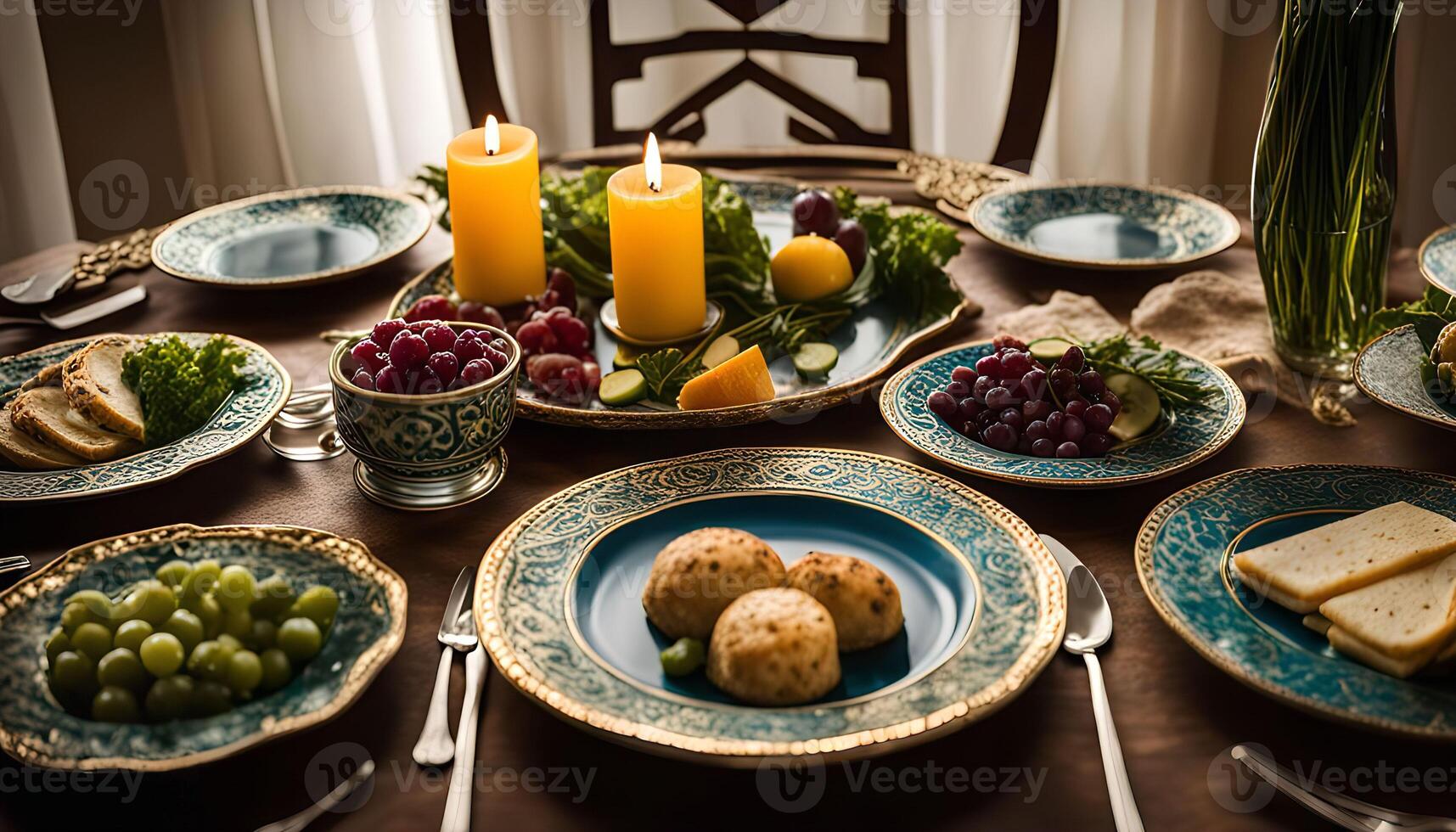 Elegant Table Setting with Candles and Fresh Fruits photo