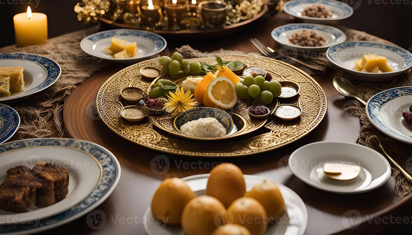 A Festive Table Setting with a Golden Platter and Delectable Treats photo