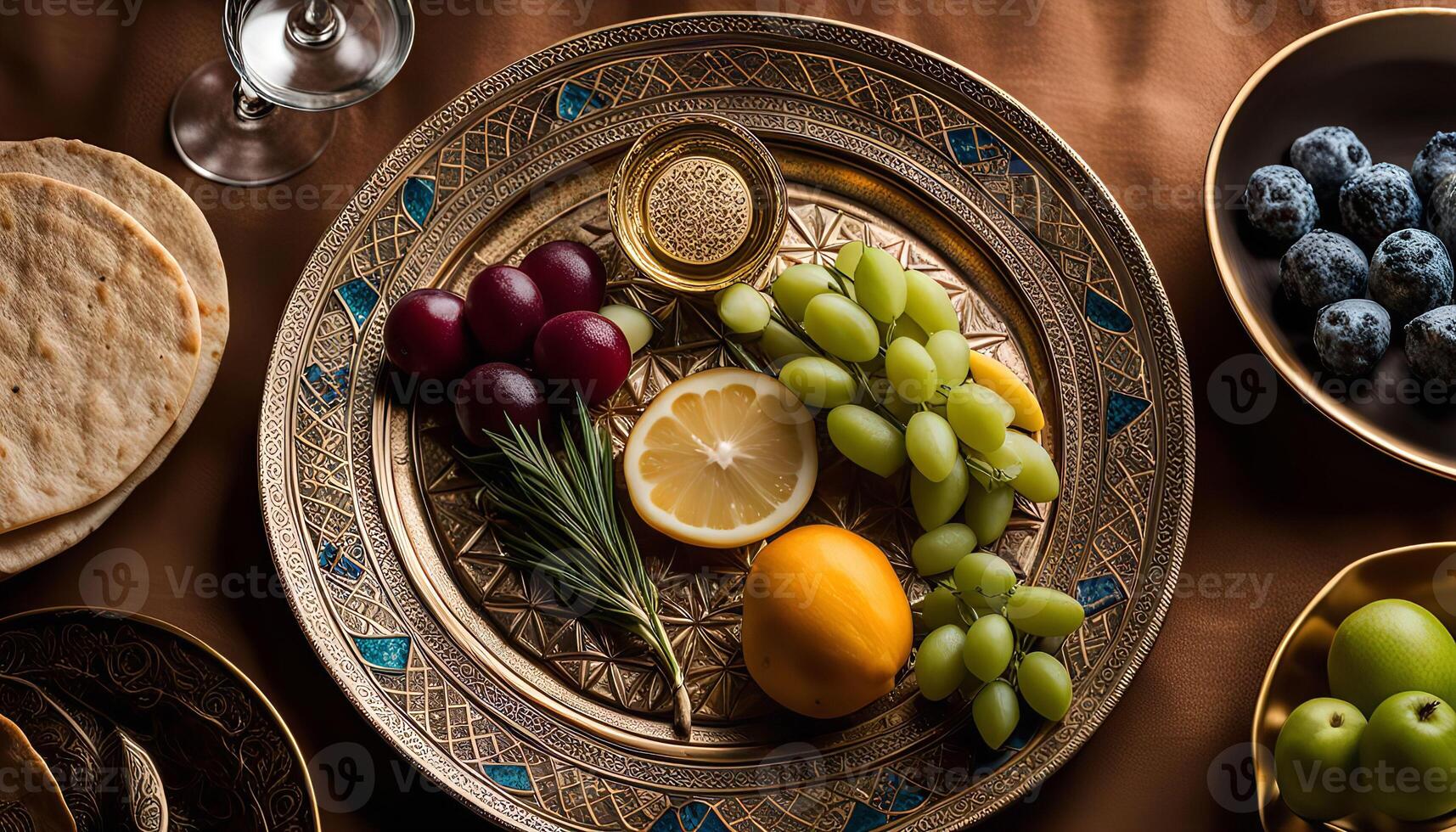 A Table Setting with Fresh Fruits, a Glass of Wine, and a Decorative Plate photo