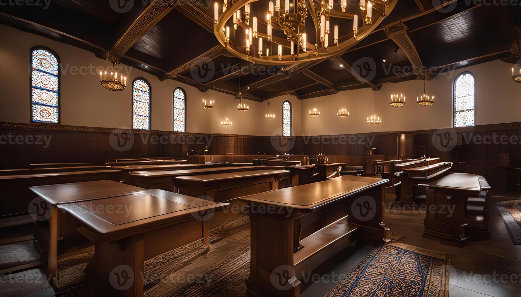 Interior of a Traditional Wooden Church with Stained Glass Windows photo