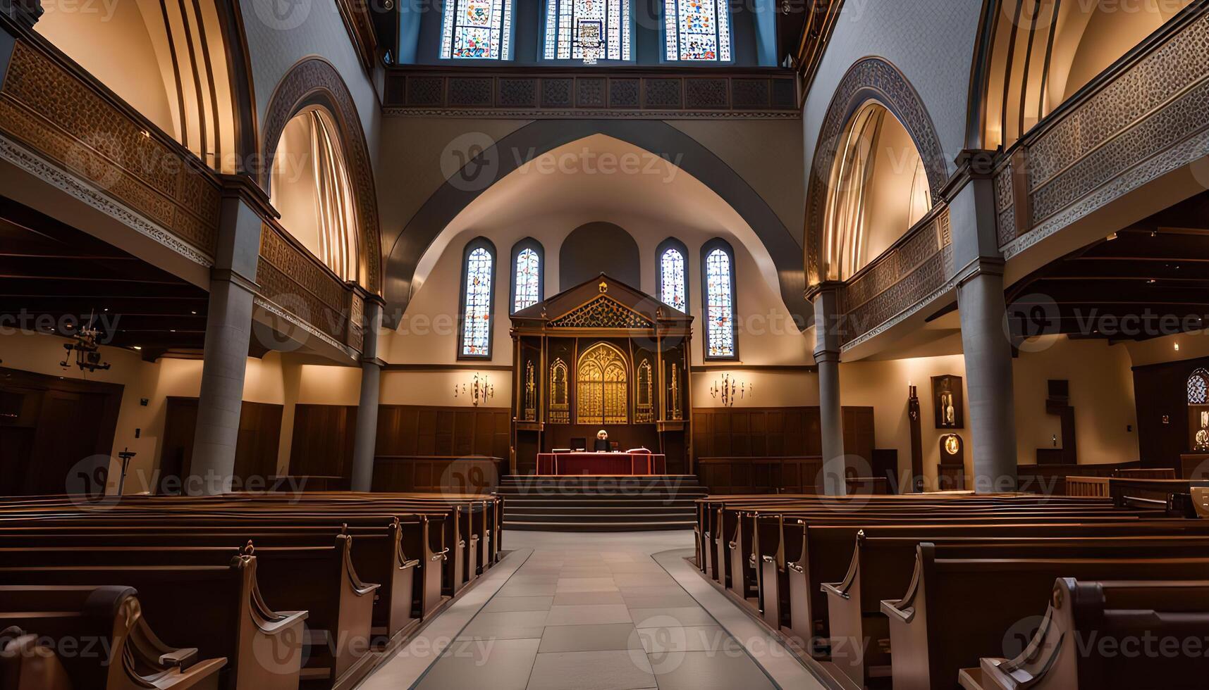 Interior of a Church with Wooden Pews and Stained Glass Windows photo