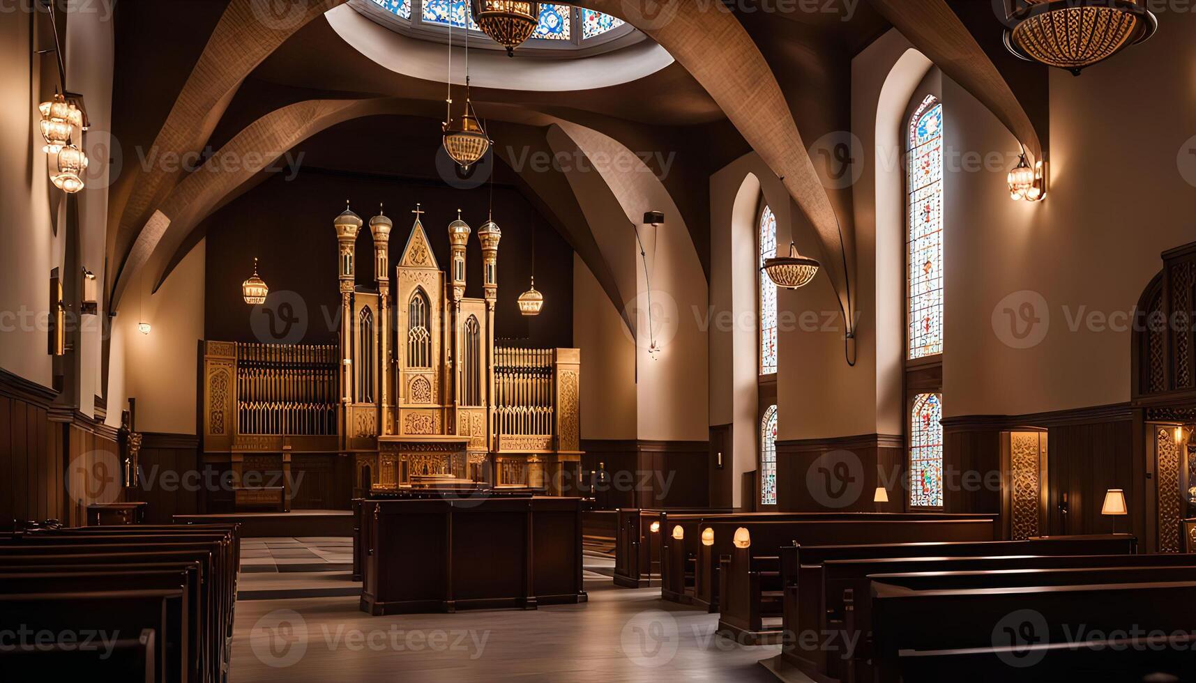 Interior of a Chapel with Wooden Pews and a Grand Organ photo