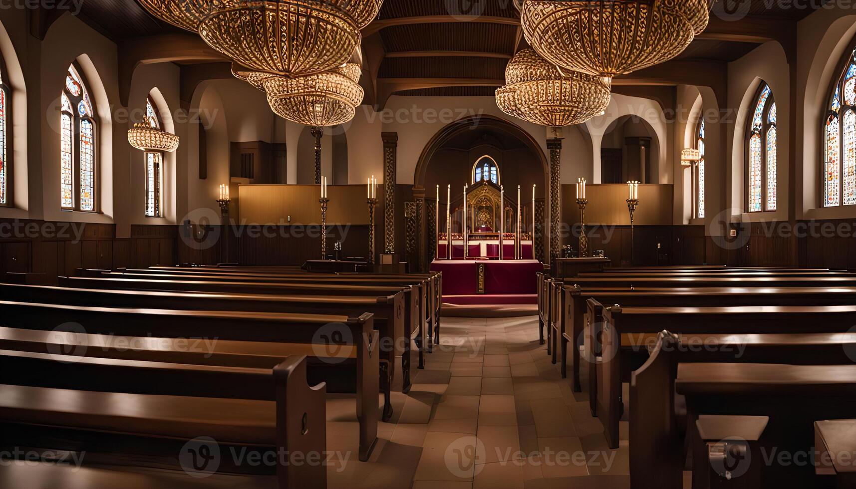 Interior of a Church with Rows of Pews photo