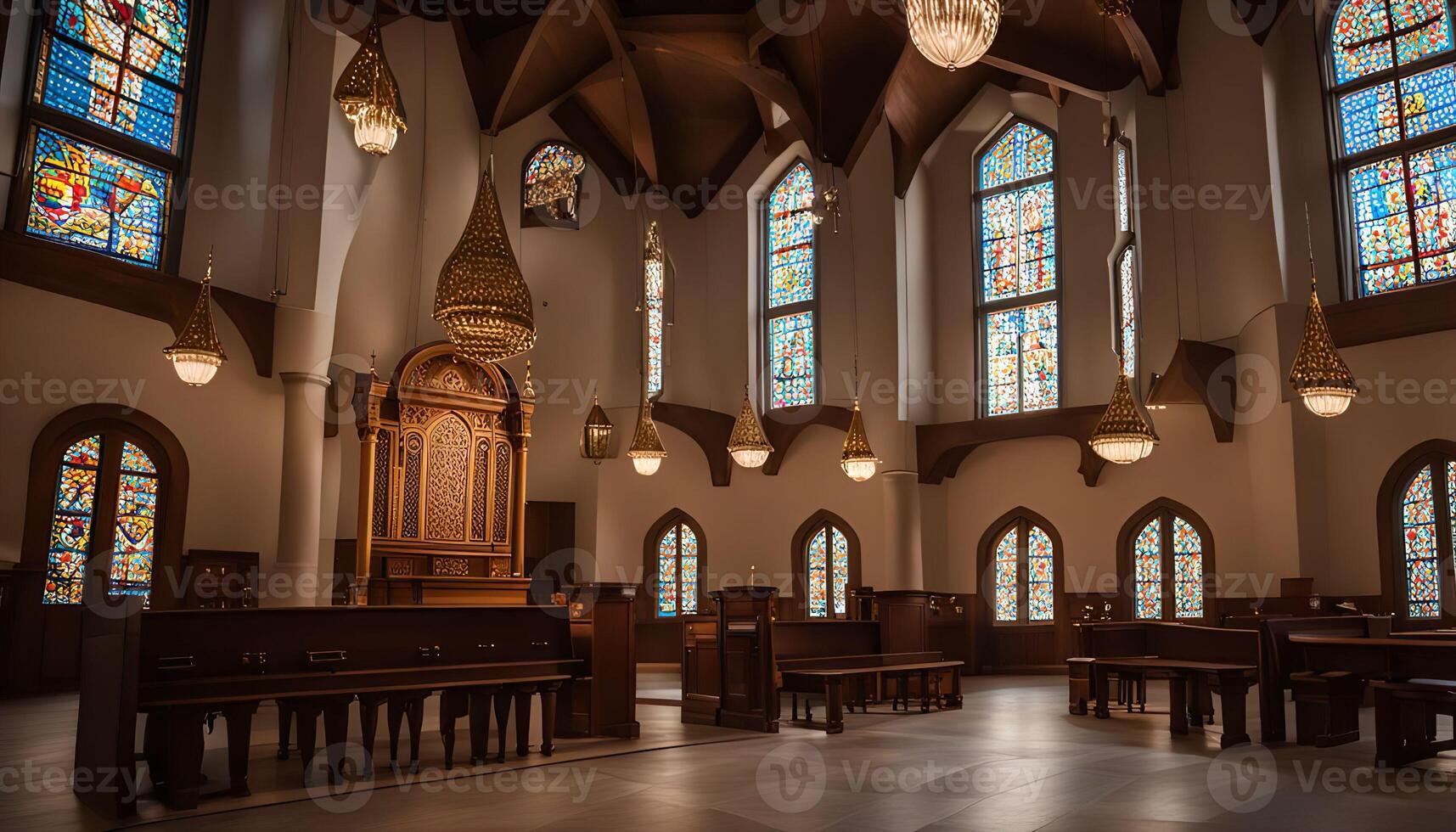 Inside a church, illuminated by natural light streaming through stained glass windows, with rows of wooden pews facing a decorated altar photo