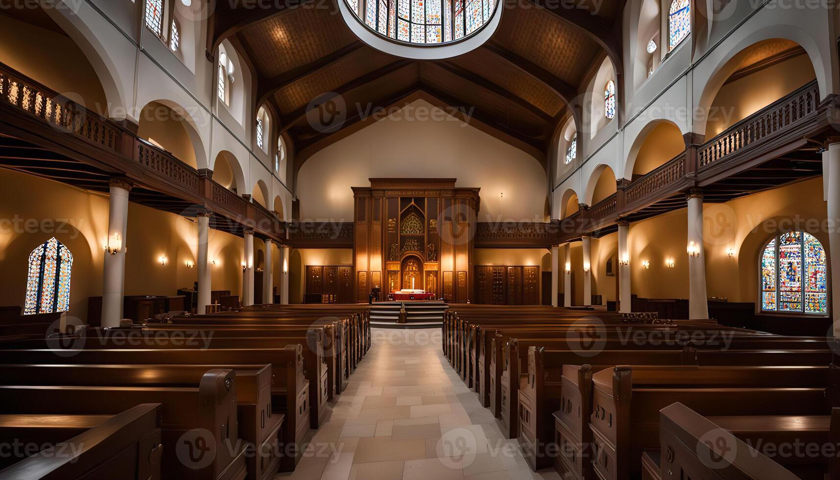 The Interior of a Church with Wooden Pews photo