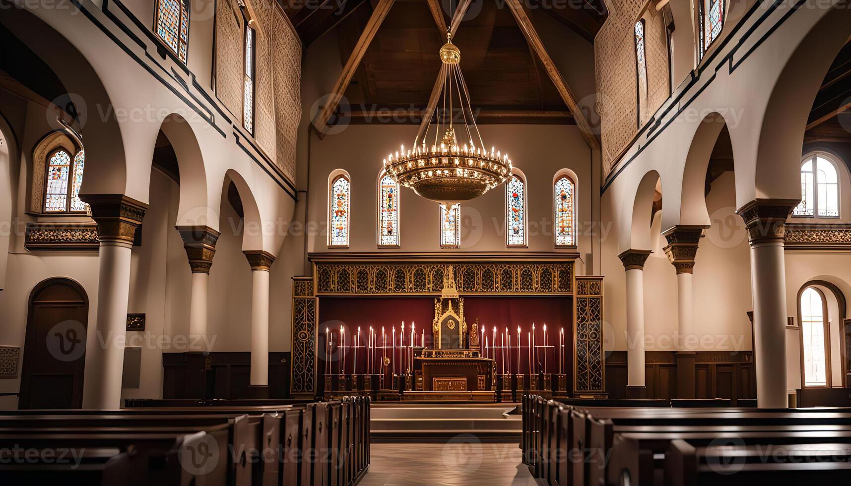 Interior of a Church with Chandelier photo