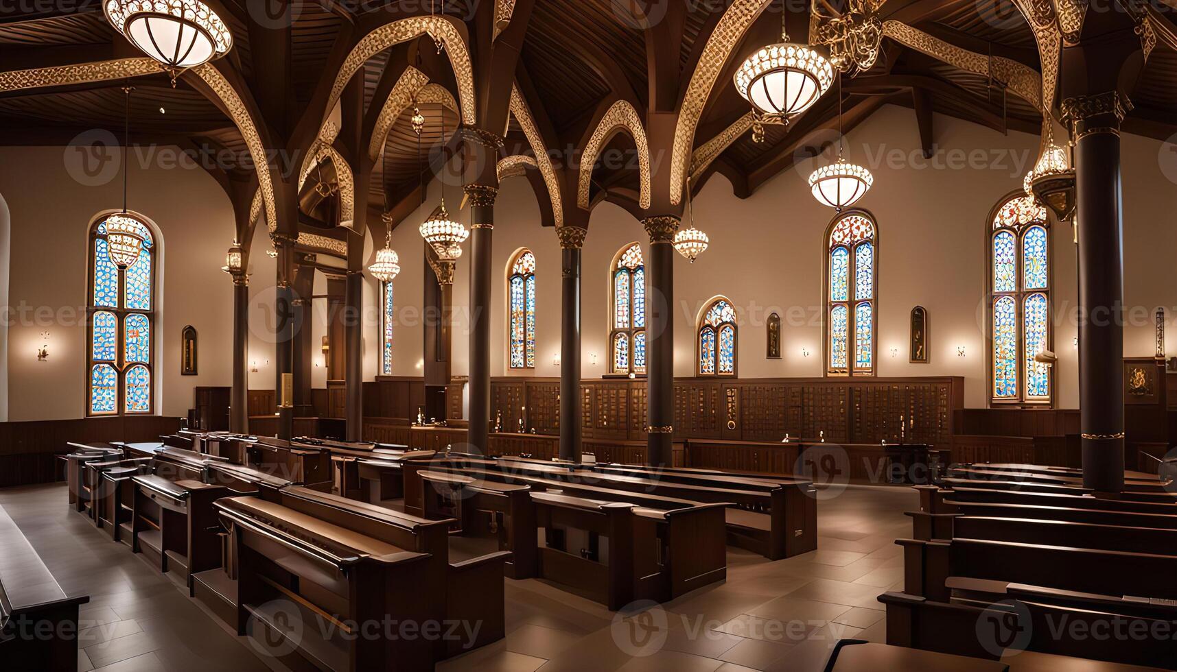 Interior View of a Church with Stained Glass Windows photo