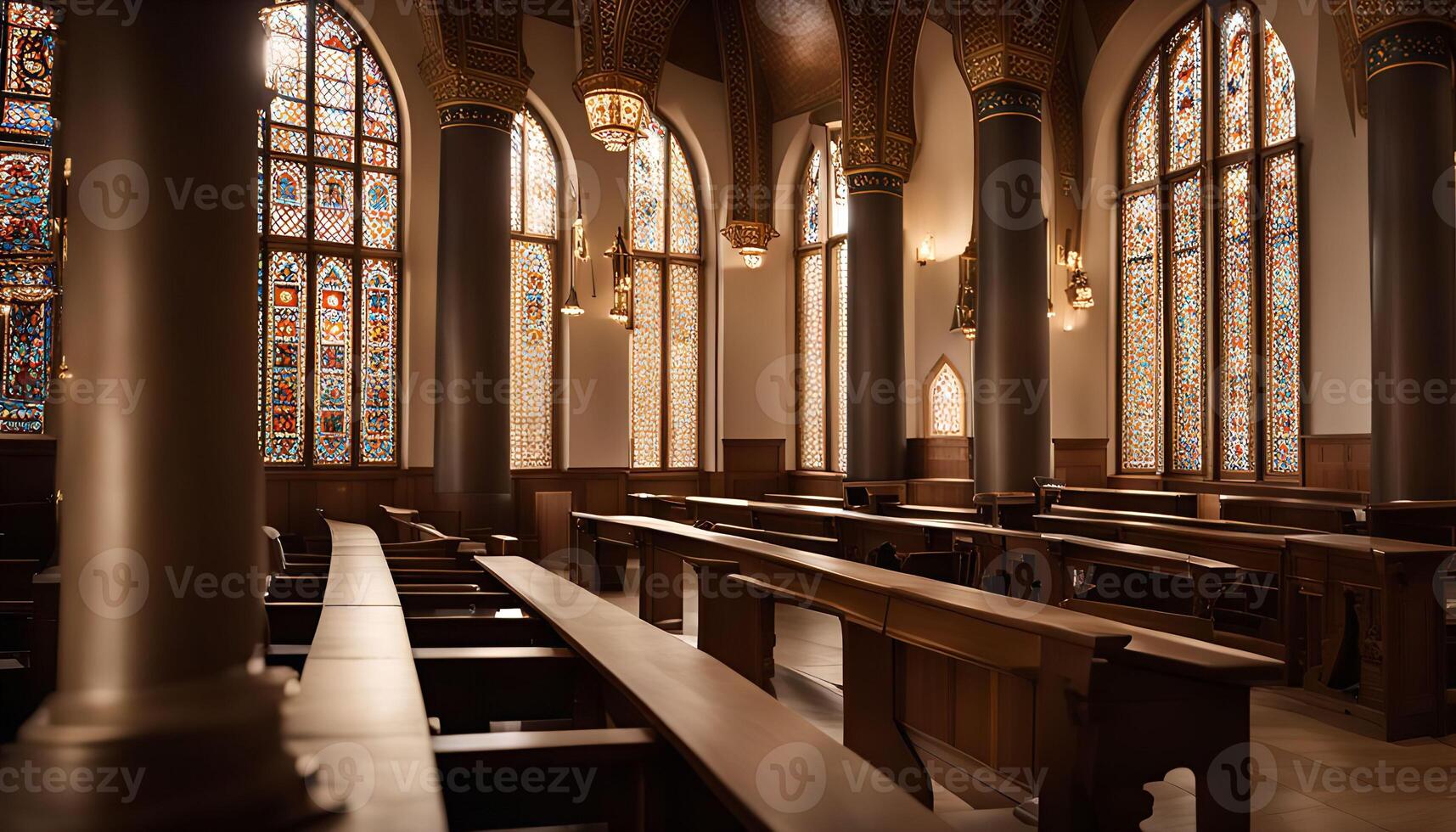 Church Interior with Stained Glass Windows and Wooden Pews photo