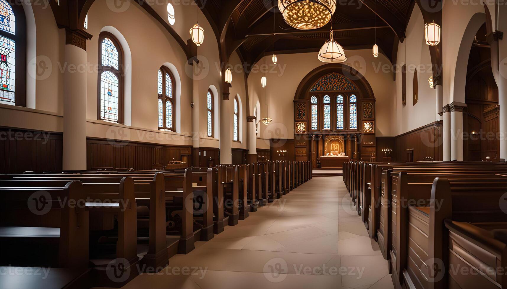 Interior of a Church with Wooden Pews and Stained Glass Windows photo