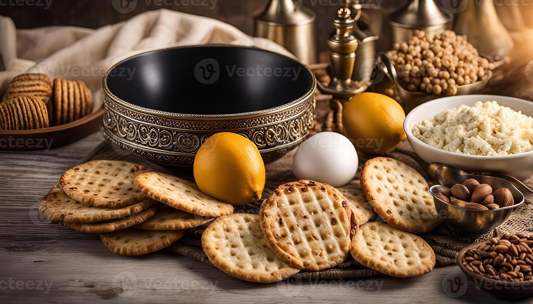 A Rustic Table Setting With Crackers, Lemons, and Nuts photo