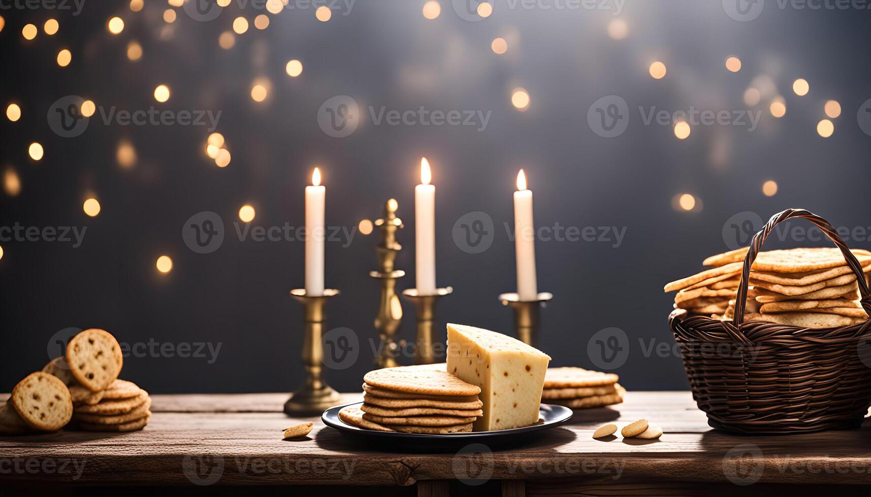 Cheese and Crackers with Candles on Rustic Table photo
