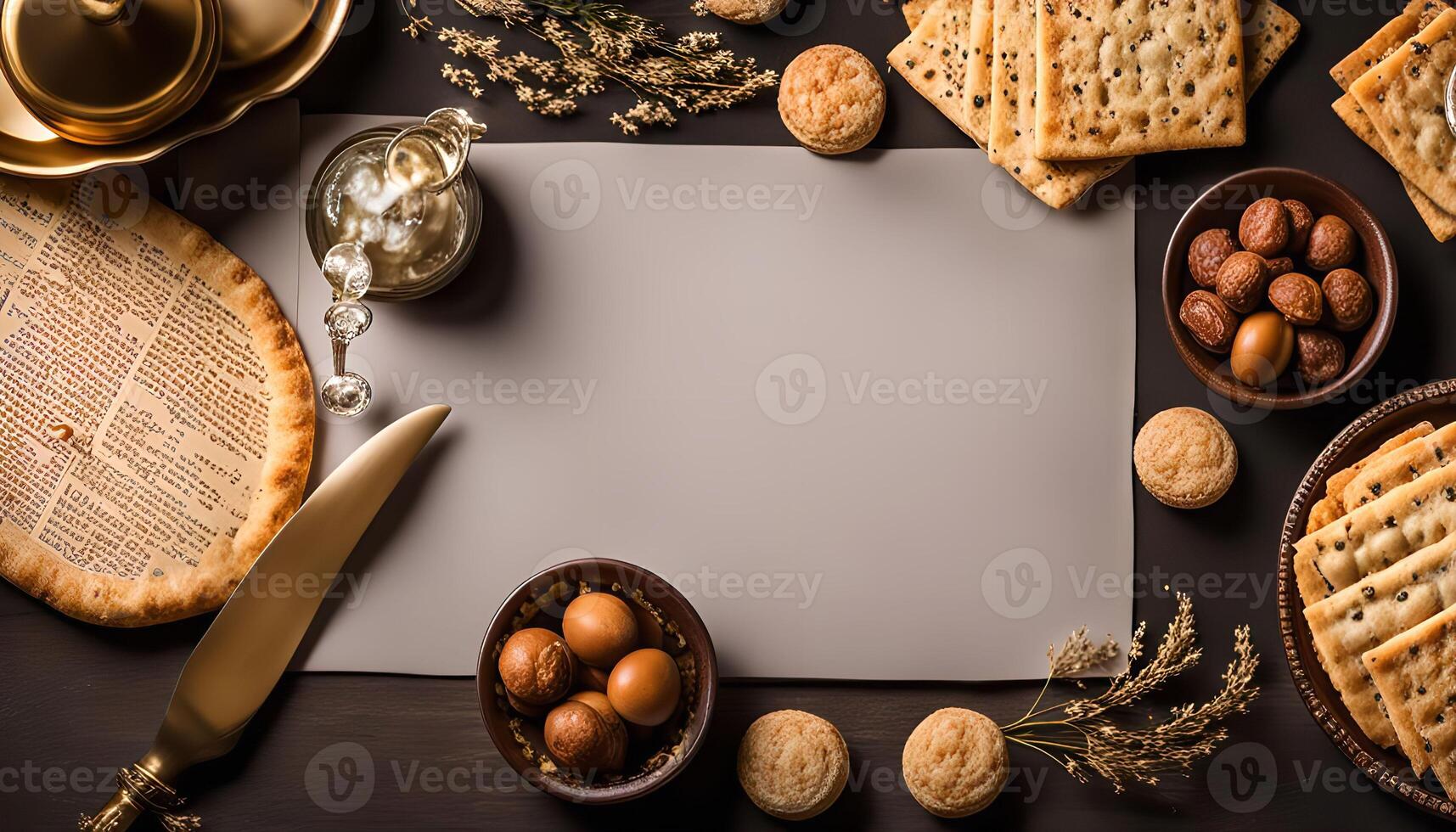 Flat Lay with Crackers, Nuts, and a Blank Paper photo
