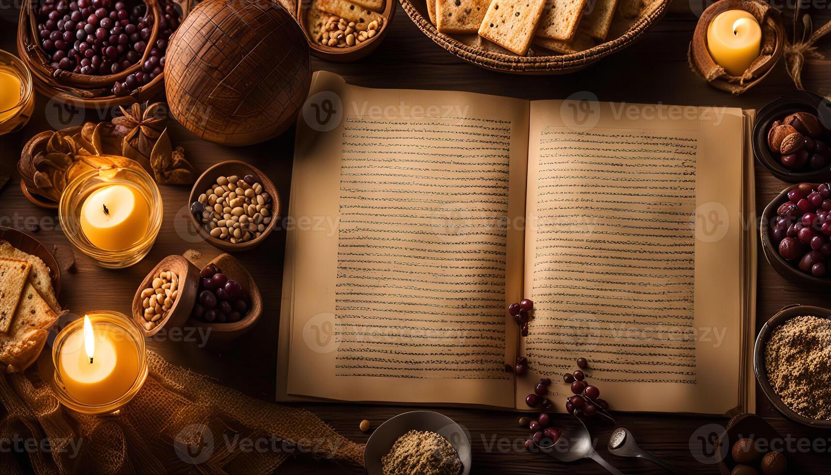 Open Book with Candles and Food Surrounding It photo