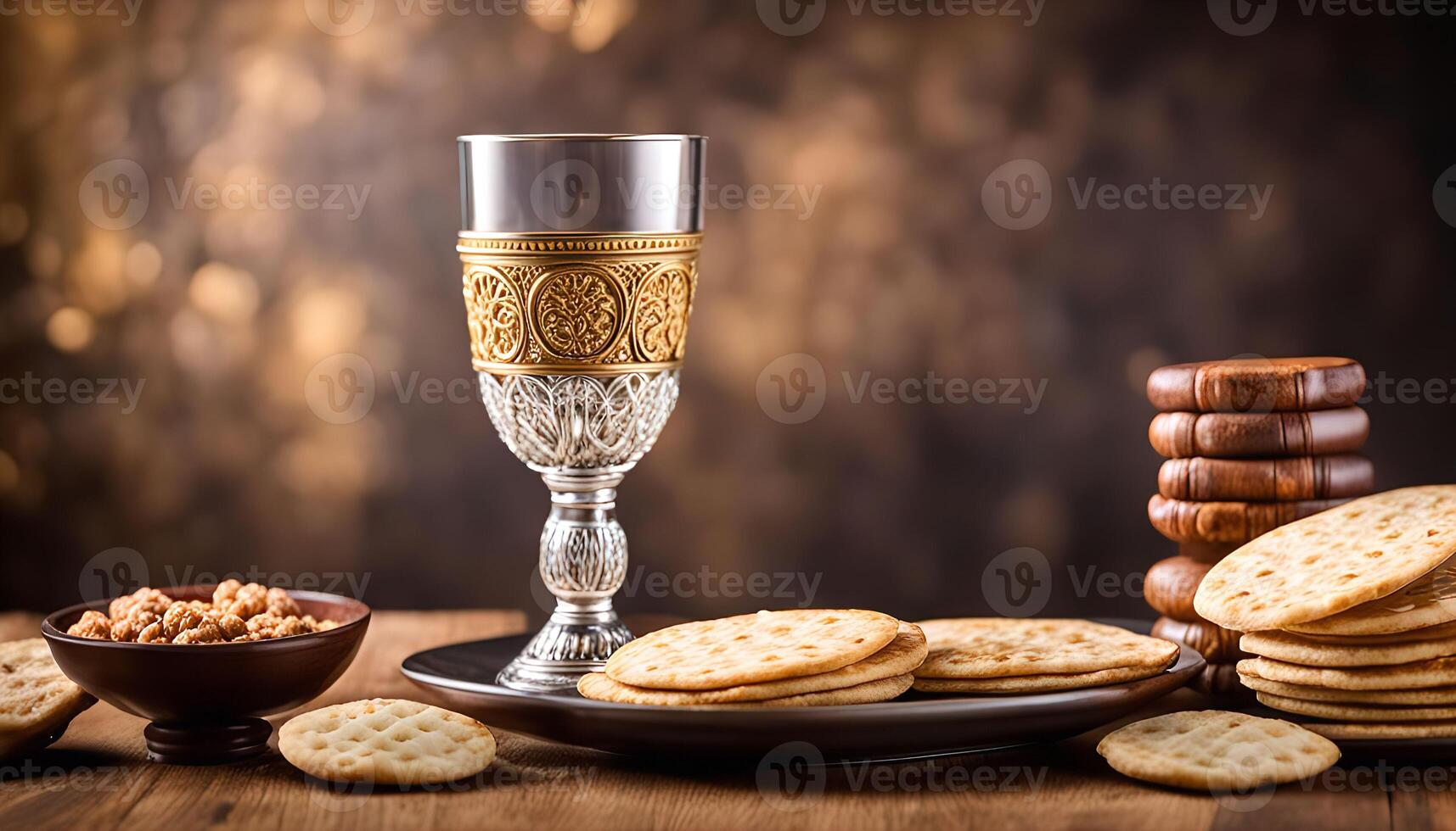 Holy Communion, Wine and Bread on a Wooden Table photo