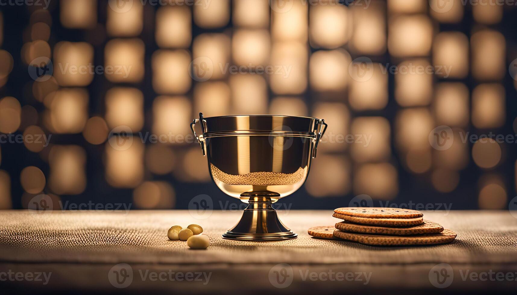 Golden Chalice and Crackers on Table with Bokeh Background photo