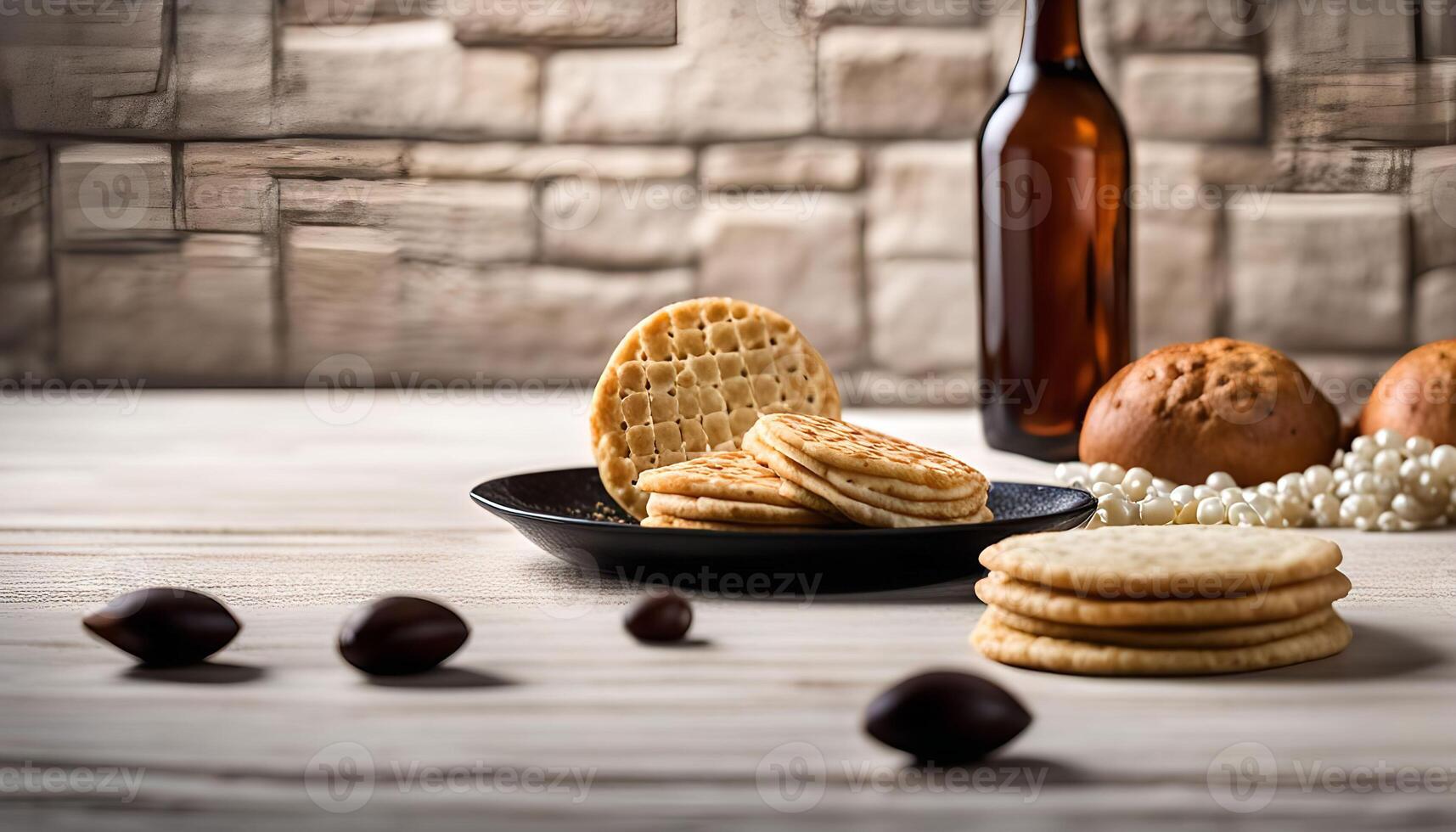 A stack of round crackers on a black plate with a brown glass bottle and bread rolls in the background, with nuts and white beads scattered on a white wooden table. photo