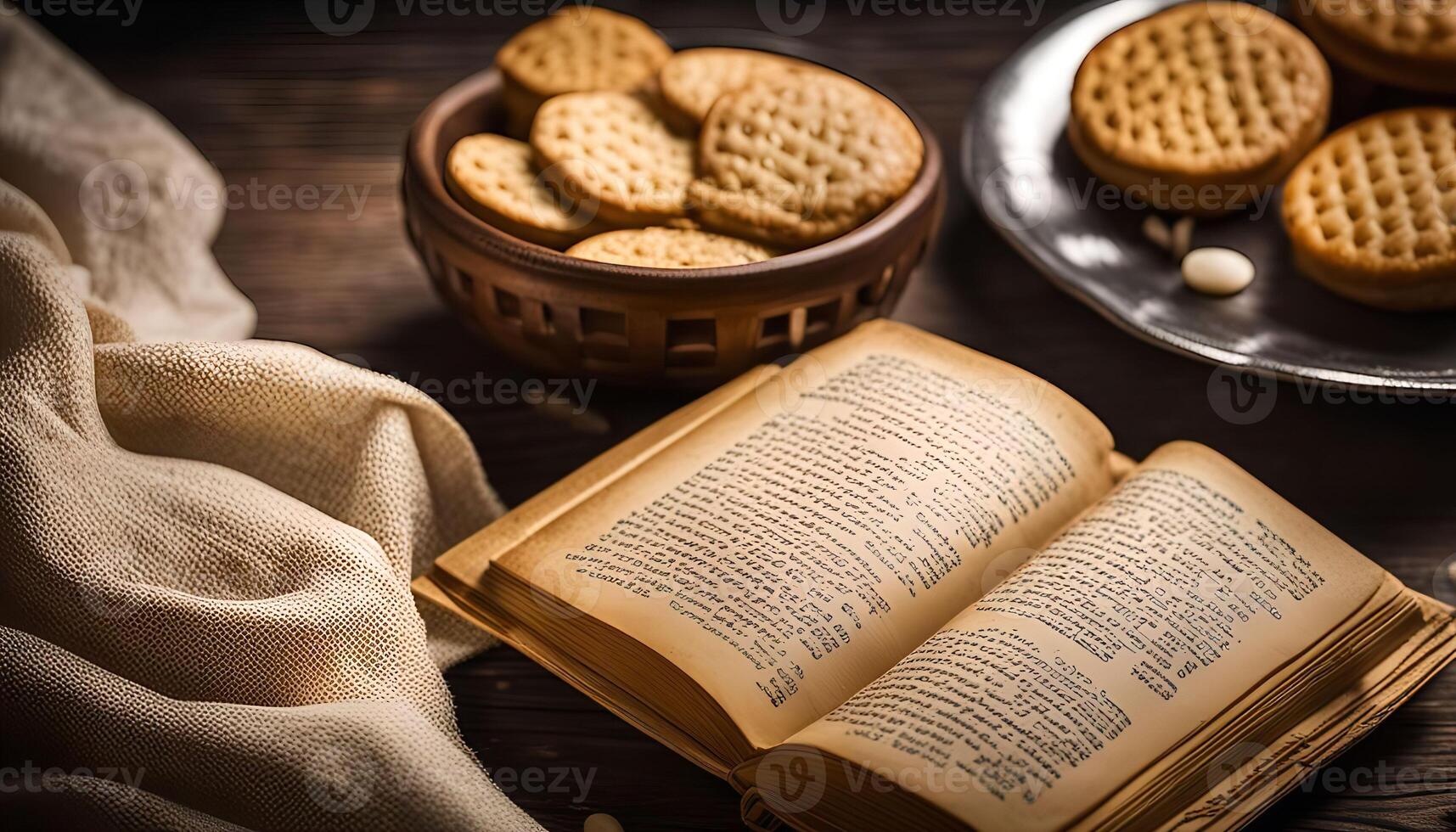 Rustic Still Life with Book, Cookies, and Cloth photo