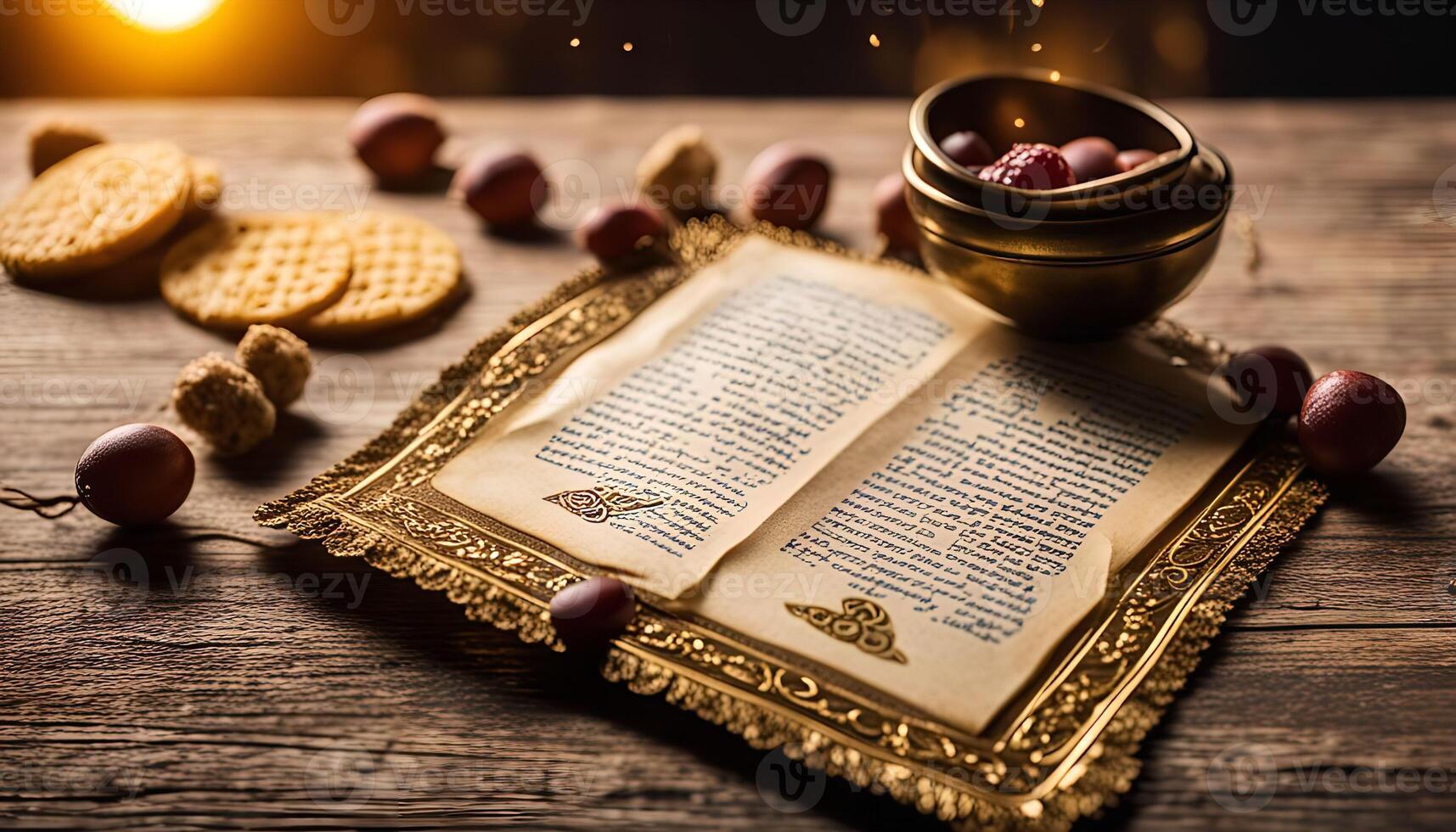 Ancient Book with Golden Frame and Red Berries photo