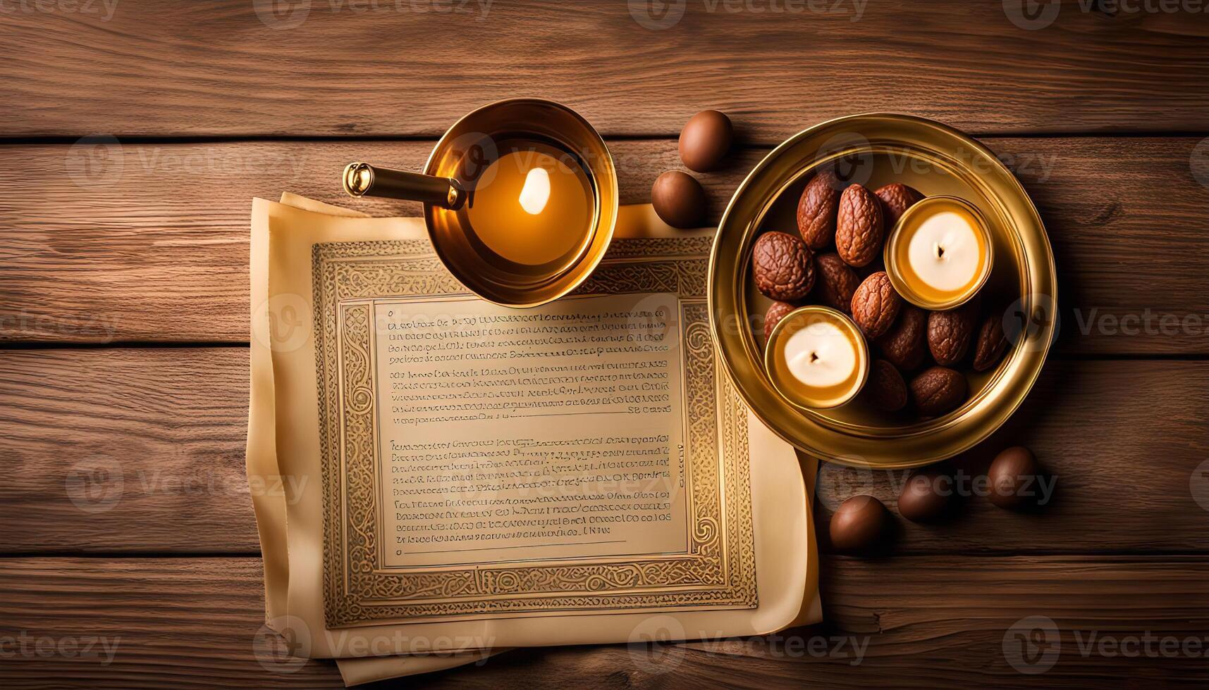 Religious Ritual with Candles, Nuts and Ancient Text on Wooden Background photo
