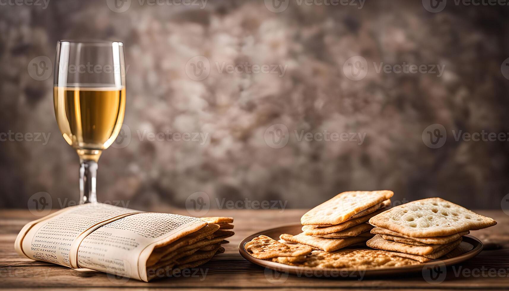 Passover Seder Plate with Matzah and Wine photo