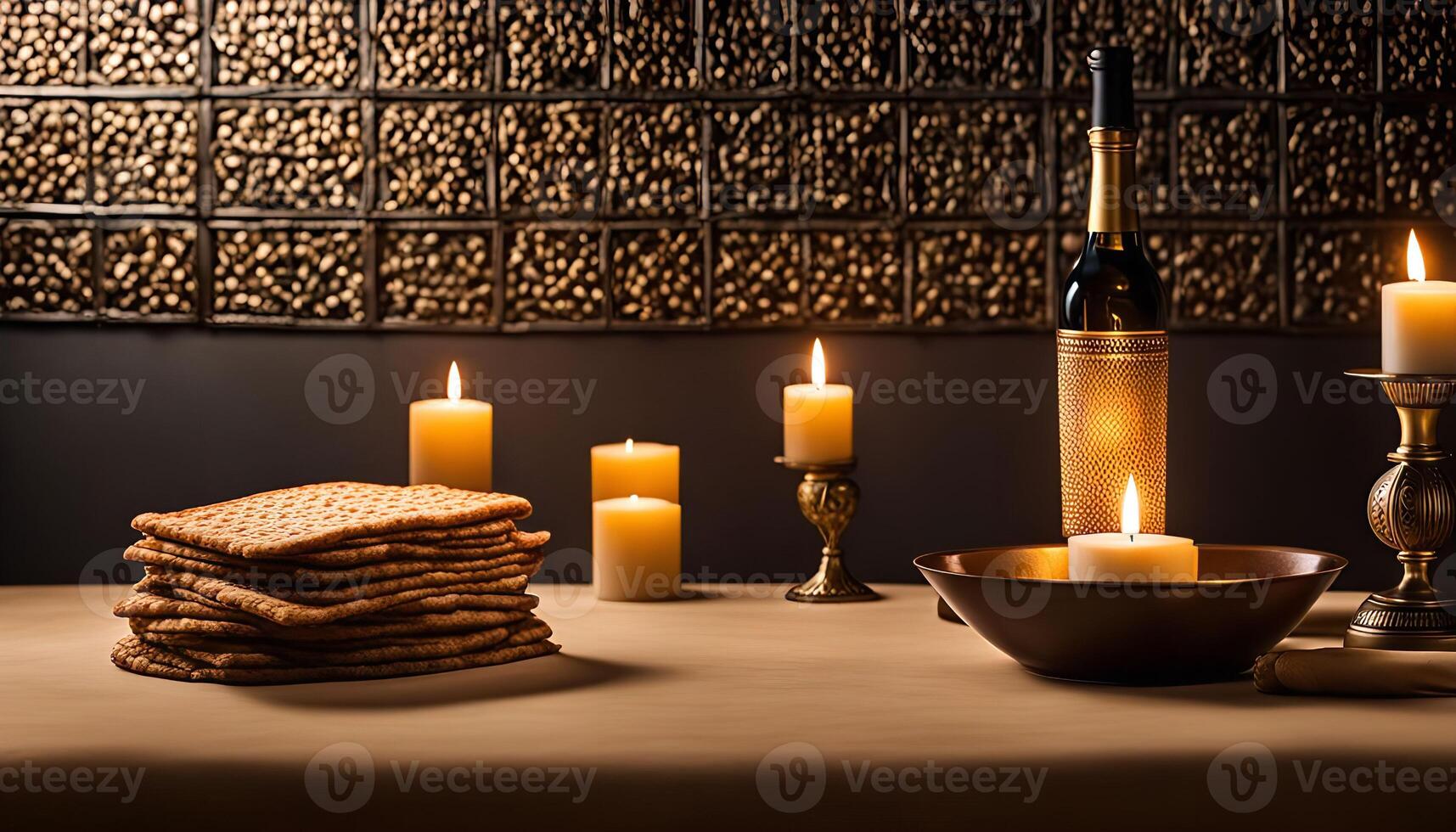 Passover Seder Table with Matzah and Candles photo