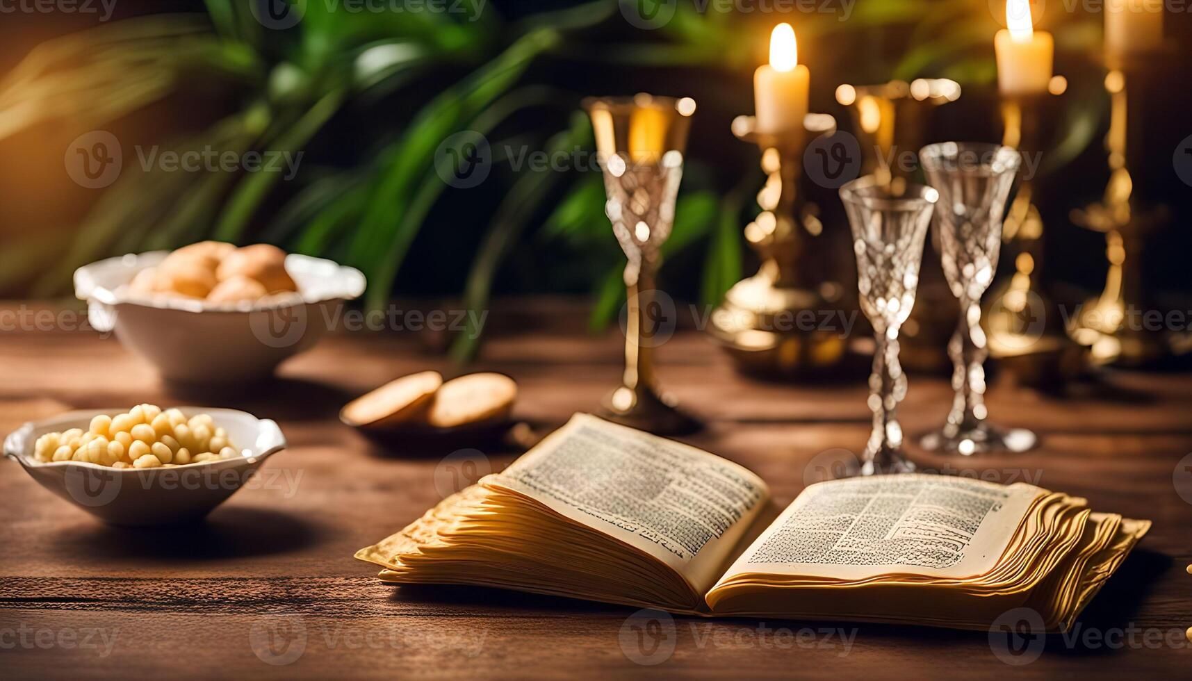 Open Book and Candles on a Wooden Table photo