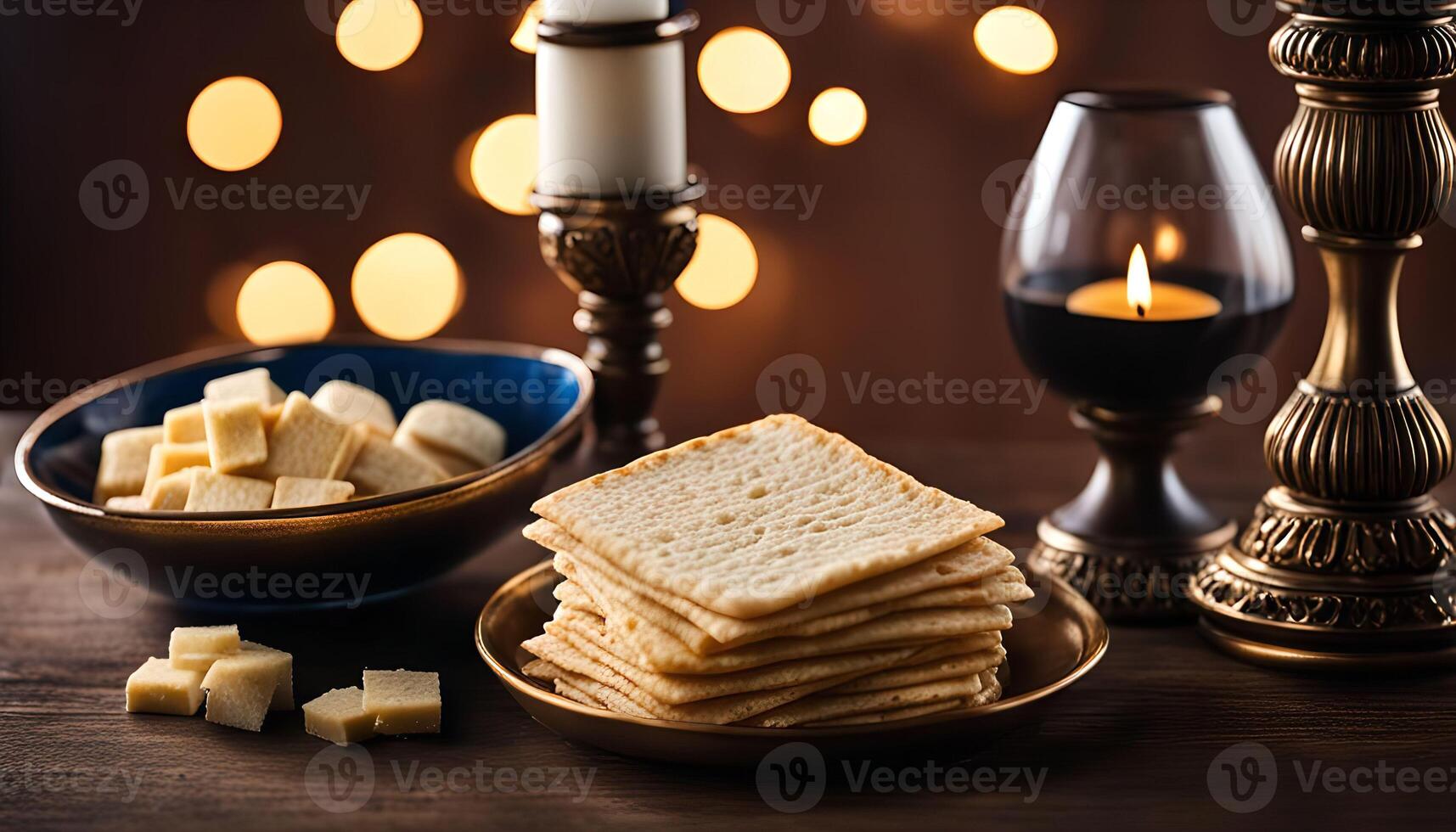 Passover Seder Plate with Matzah and Candles photo