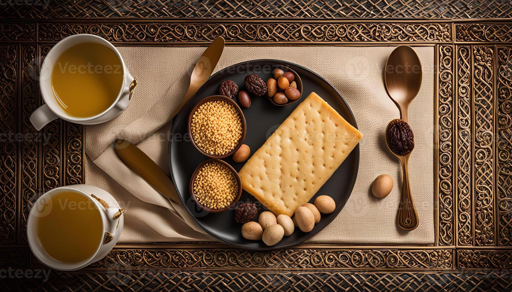 Still life of tea, bread and other food on a luxurious table setting photo