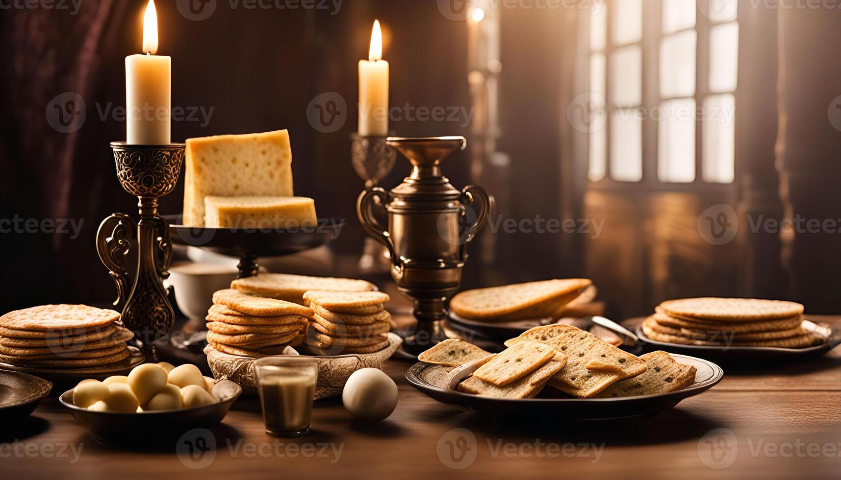 Rustic Still Life with Candles, Cheese and Crackers photo