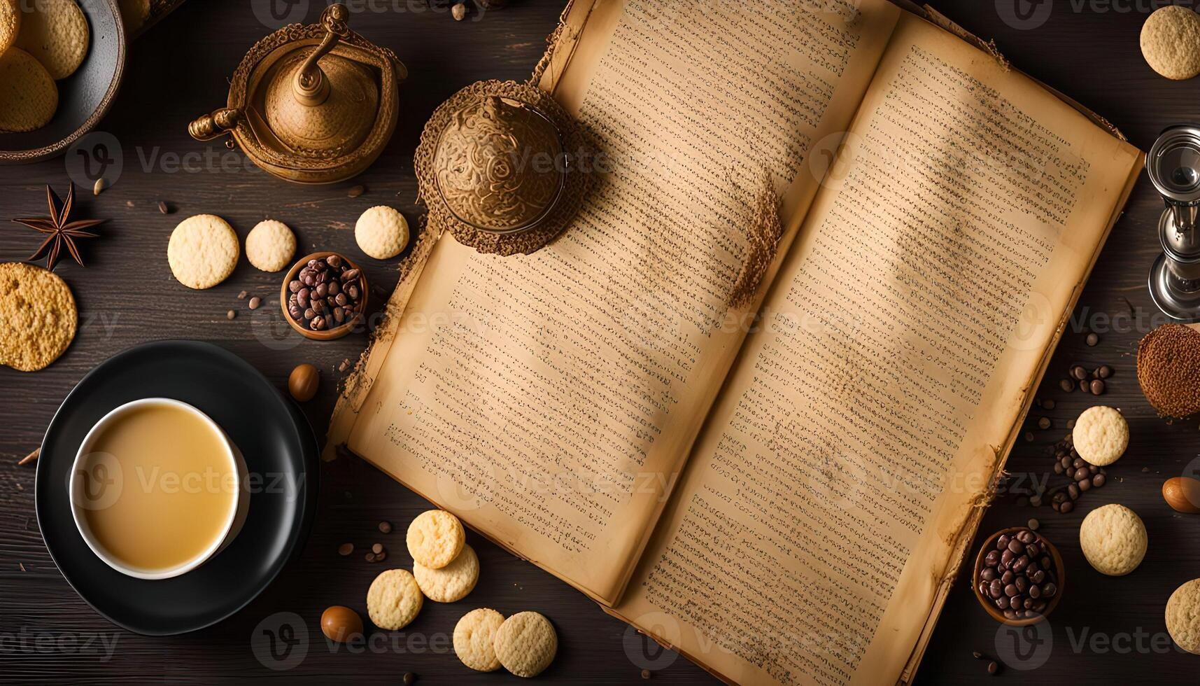 Vintage Still Life Coffee, Cookies, and an Open Book photo