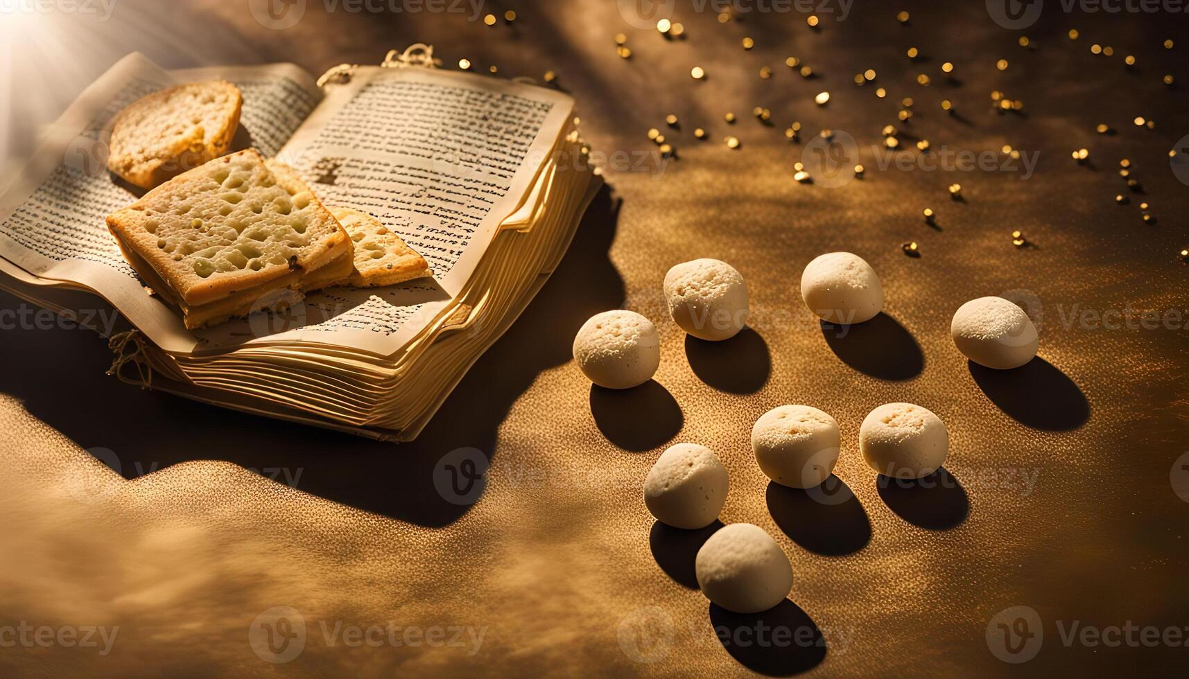 Still life of book with crackers and candies photo