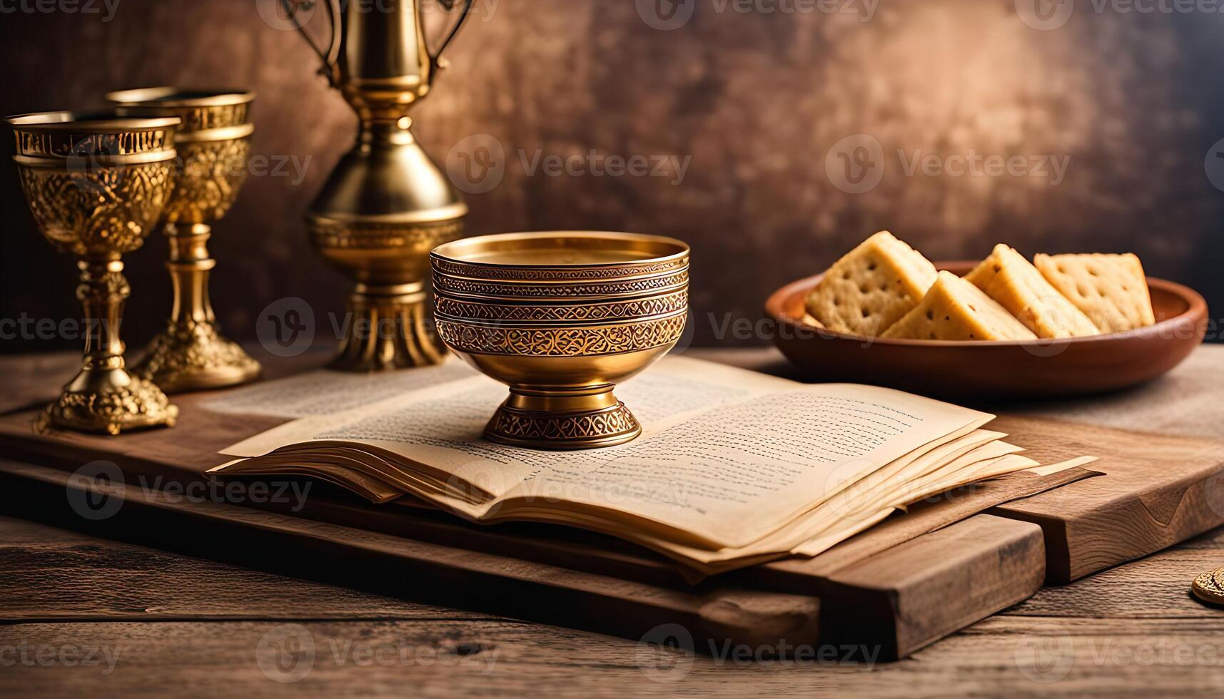 Golden Chalice, Open Book, and Bread on Wooden Table photo