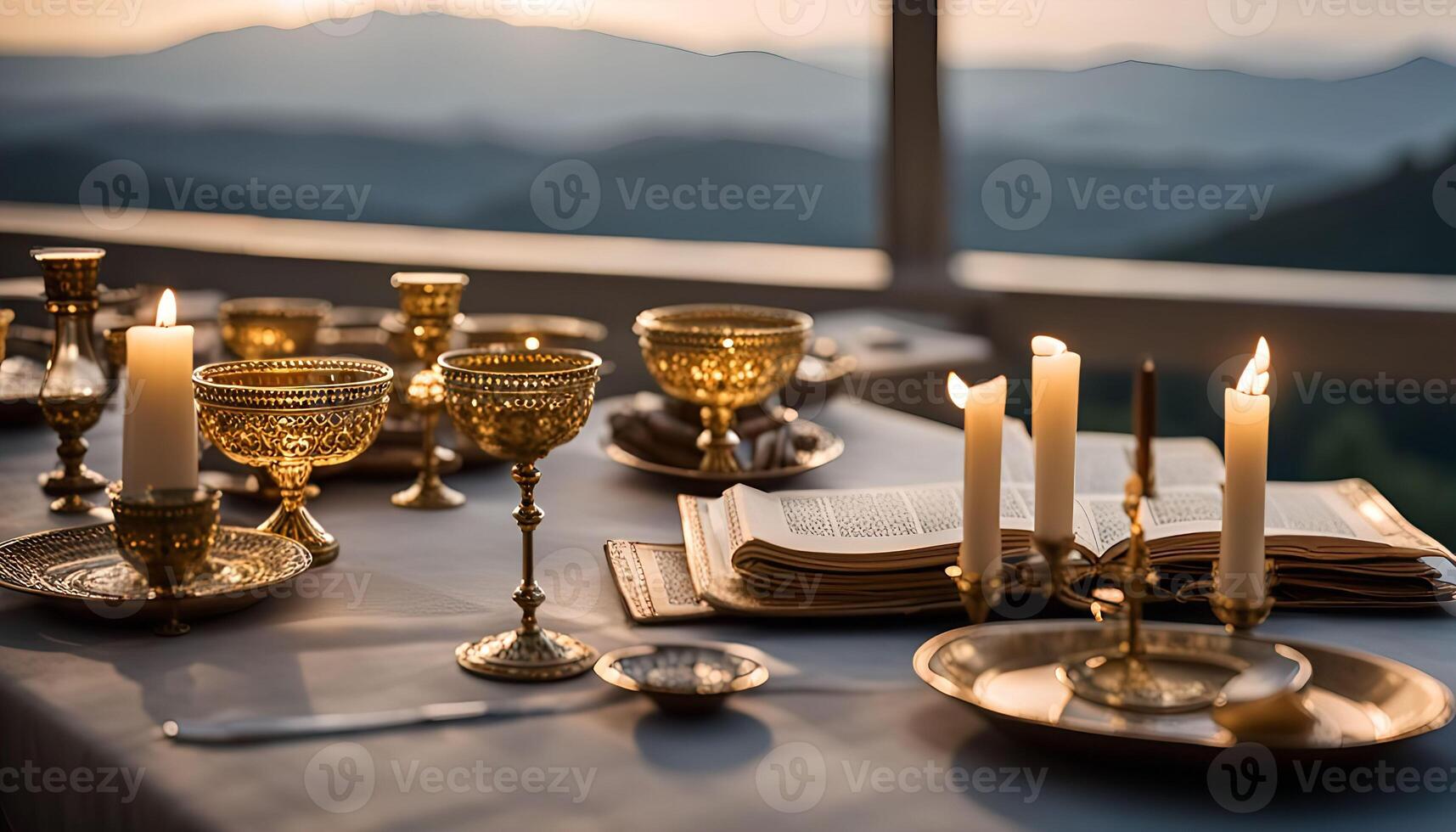 A Table Setting with Candles and an Open Book photo