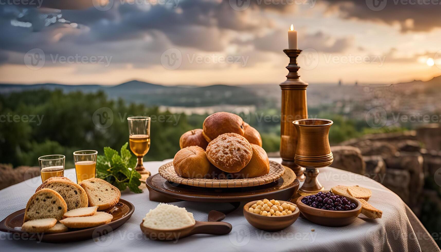 Sunset Feast with Bread, Wine, and a City View photo