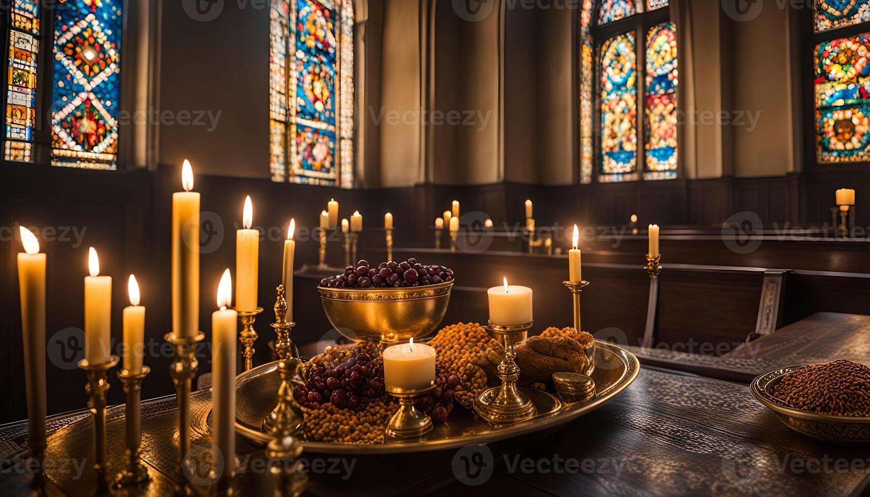 Candlelit Table in a Church with Stained Glass Windows photo