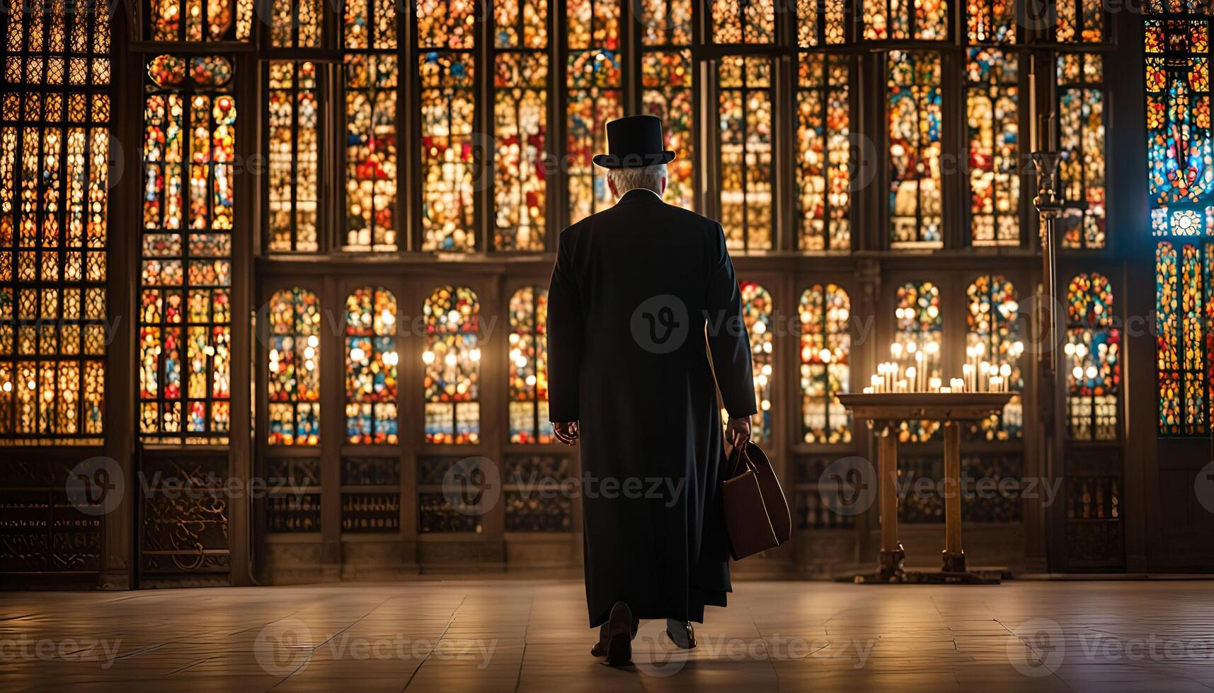 Man Walking Past Stained Glass Windows photo