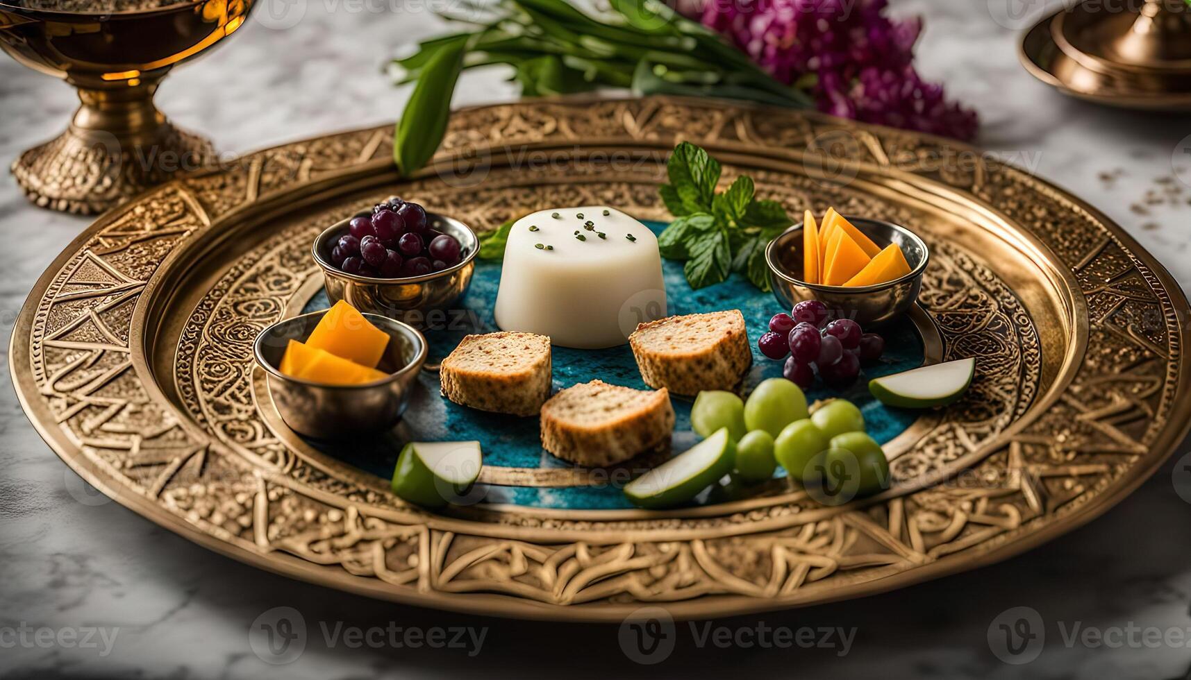 Gourmet Cheese Platter on Intricate Brass Serving Tray photo